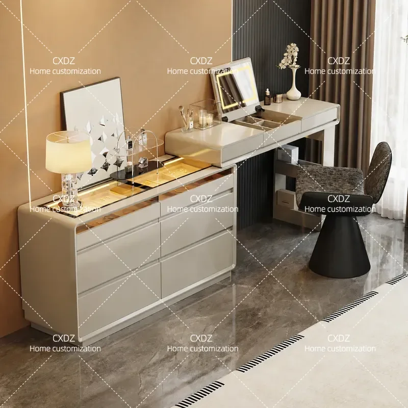 Italian Minimalist Dresser with Hidden Mirror Flip Cover Light Luxury Jewelry Cabinet Integrated Bedside Cosmetic Storage for