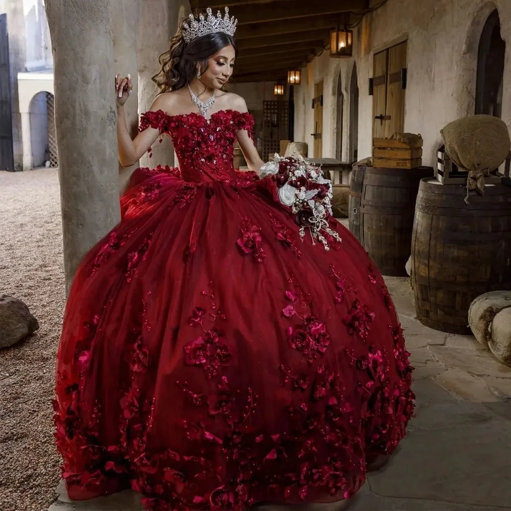 Burgundy Quinceanera Dresses Ball Gown Off The Shoulder Tulle Floral Pearls Sweet 16 Dresses 15 Años Mexican Customized