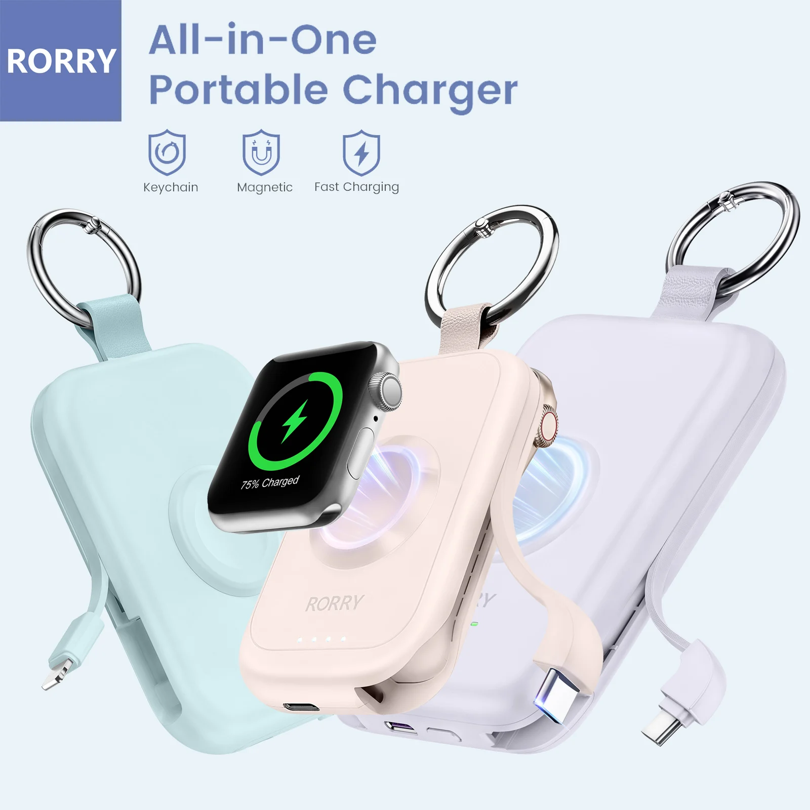 

RORRY New Portable Power Bank for iPhone 16 15 Series Built-in USB C Cable for travel Magnetic Wireless Charger for Apple Watch