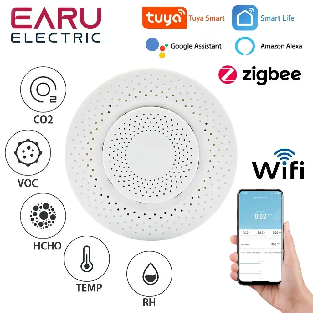 Tuya-ZigBee Smart Sensor de Qualidade do Ar, Caixa de Formaldeído, VOC, CO2 Sensor, Temperatura, Monitor de Umidade, Via Alexa, Smart Life