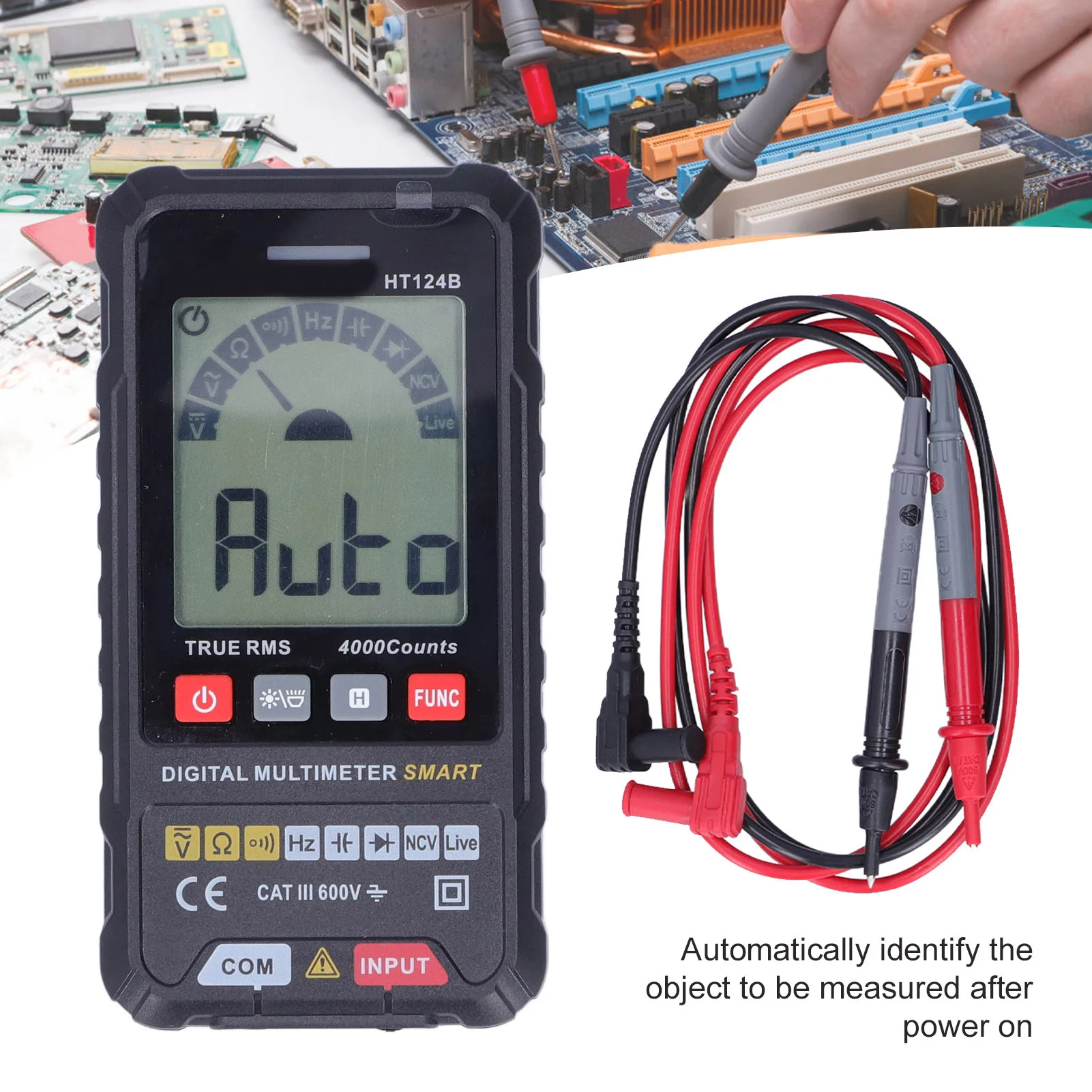 HT124B Auto Range Digital Multimeter Portable High Accuracy True RMS Smart Multimeter Tester for Voltage Resistance Capacitance