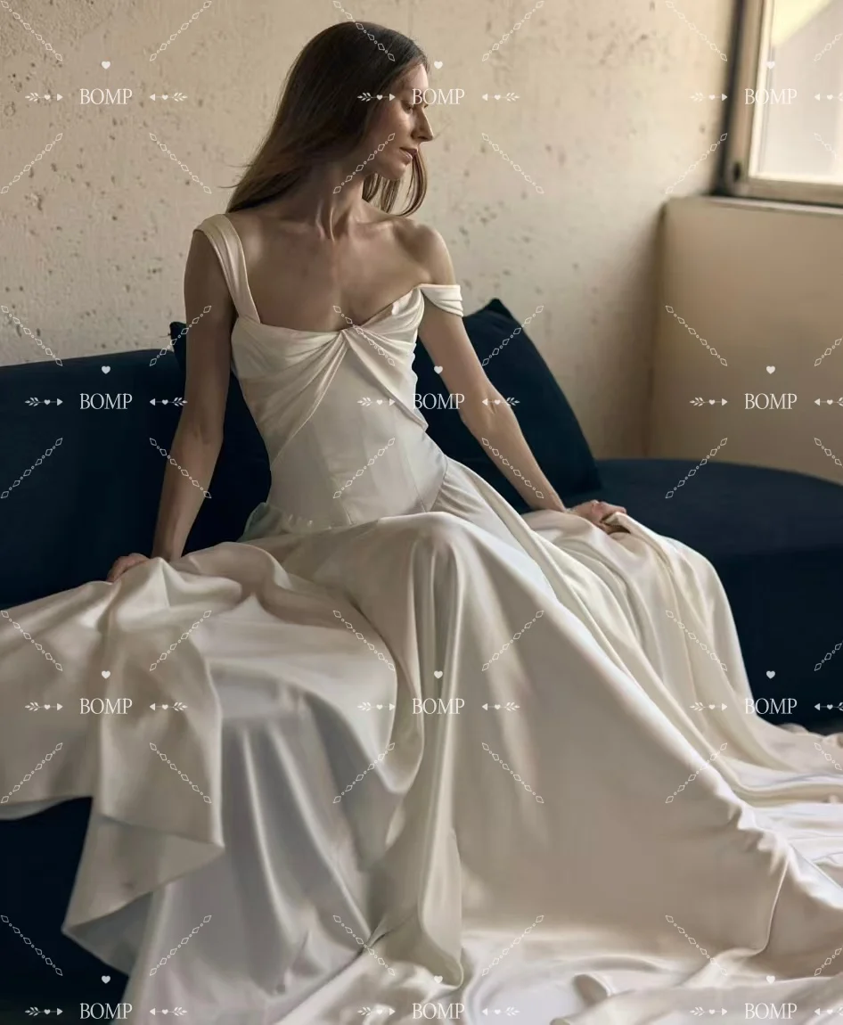 BOMP خمر فستان الزفاف الساتان العاجي للعروس مطوي الأشرطة ثنيات طول الأرض ألف خط امرأة فستان زفاف مخصص جديد 2026 #3
