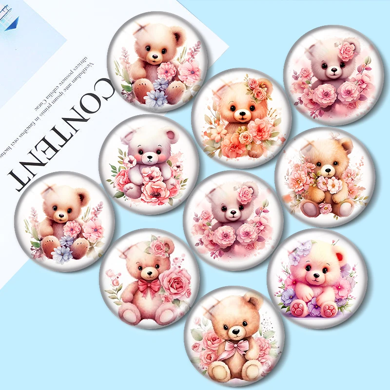 watercolor cute Teddy and flowers 10PCS  12mm/18mm/20mm/25mm Round photo glass cabochon flat back Making findings keychain