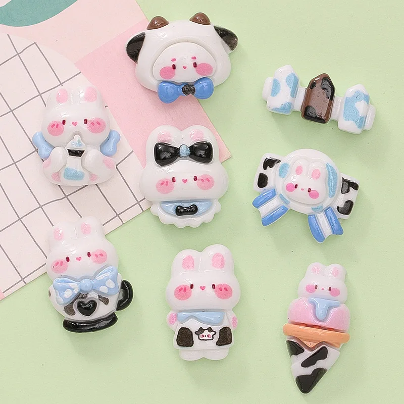 10 Pcs New Cute Cartoon Animal Cow Set, Rabbit Series Resin Scrapbook Diy Jewelry Children Gift Hairpin Accessories B96