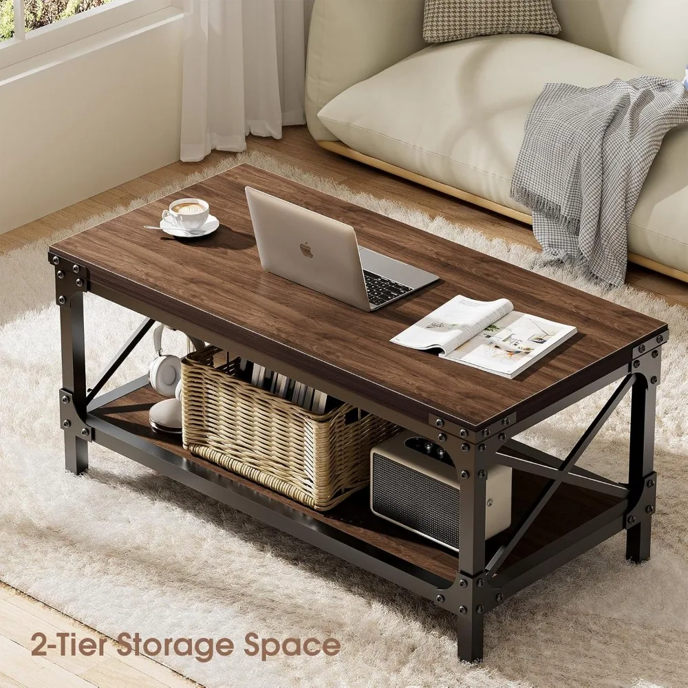 Rectangle Coffee Tables for Living Room, Wood Rectangular Coffee Table, 2 Tier Rustic Modern Center Table with Thickened Tableto