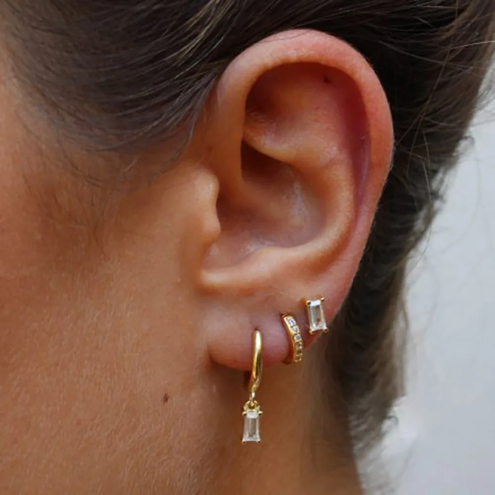 3PCS Luxury Design Square Zircon Hoop Earrings Set for Women Tiny Stainless Steel Leaf Round Cartilage Earring Piercing Jewelry