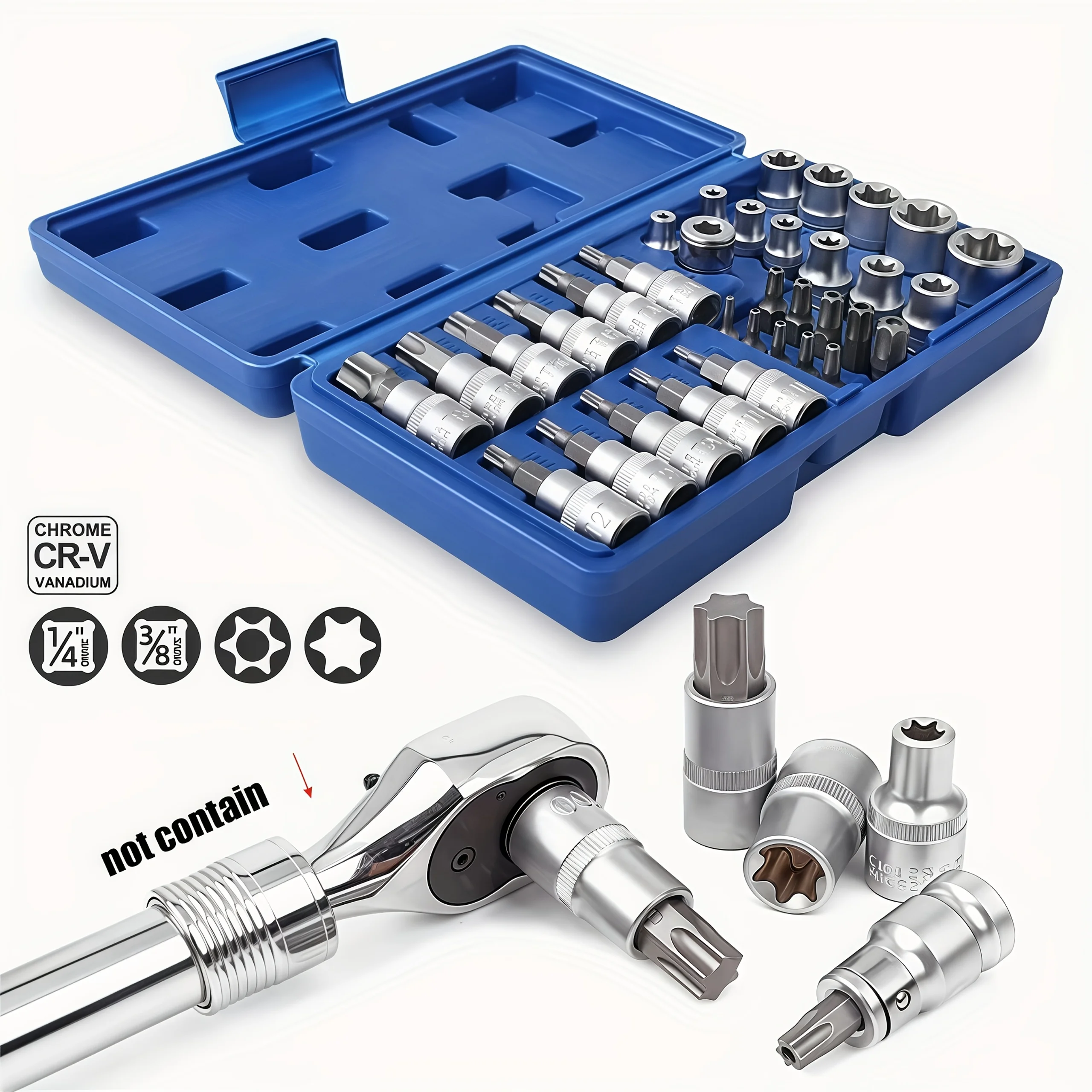 Conjunto de 34 Peças de Soquetes Torx e E-Torx Estrela com Encaixes de 1/4", 3/8" e 1/2" e Bits de Segurança E-Torx Macho e Fêmea, Ferramenta Manual