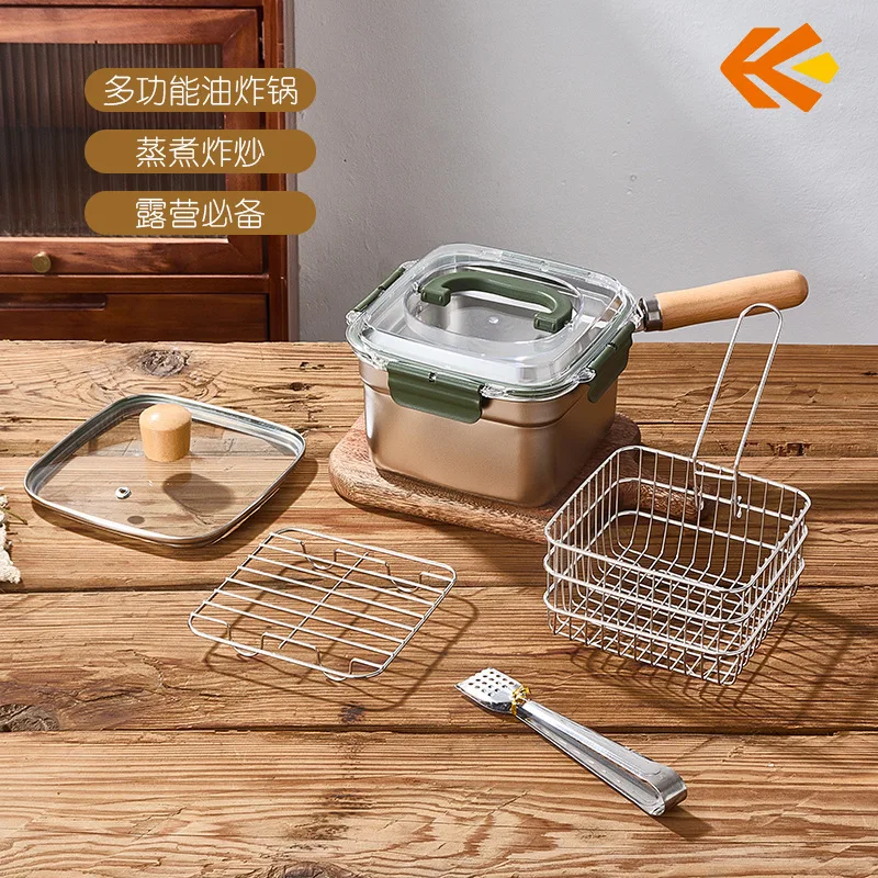 Multifunktionale Edelstahl-Fritteuse, Aufbewahrungsbox für Lebensmittel, Tragbarer Outdoor-Topf mit Deckel für Heiße Gerichte und Dampfgarer