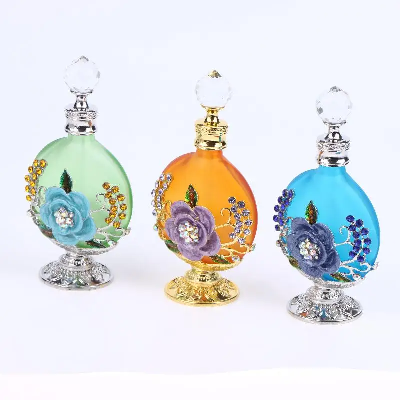 Botella de Perfume o Aceite Esencial Vacía de 30 ml, Estilo Vintage, con Flores Coloridas y Cristales Incrustados, Regalo de Cumpleaños, Decoración de Boda