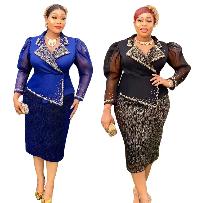 

African Plus Size Women's New Dress European and American Rhinestone Fake Two-Piece Set Dress
