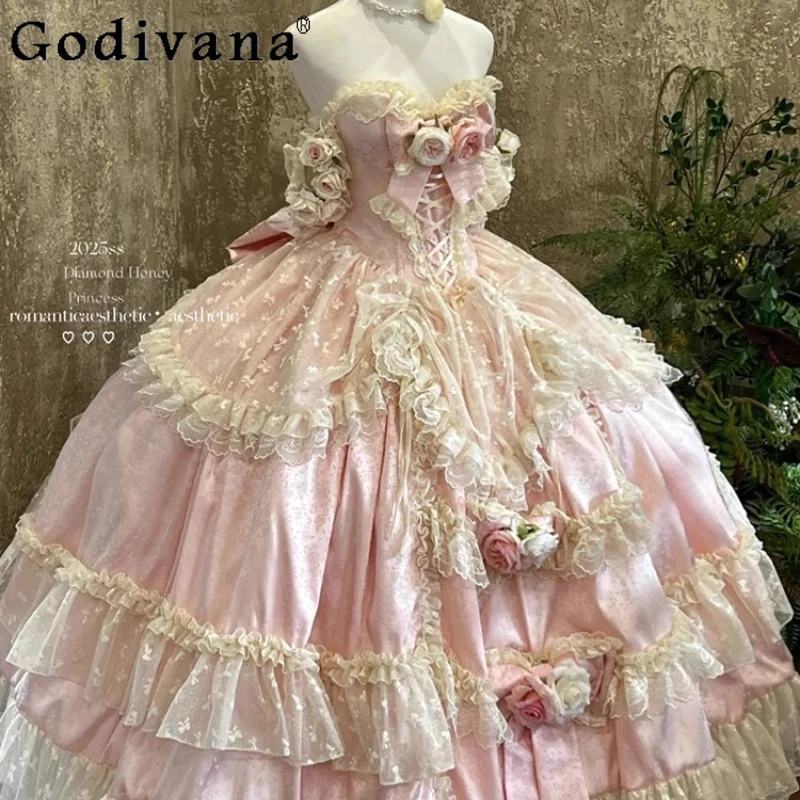 

Lolita Evening Wedding Dress Women's Pink Flower Marriage Bar Mitzvah Dress Girls Art Exam Graduation Party Princess Dress