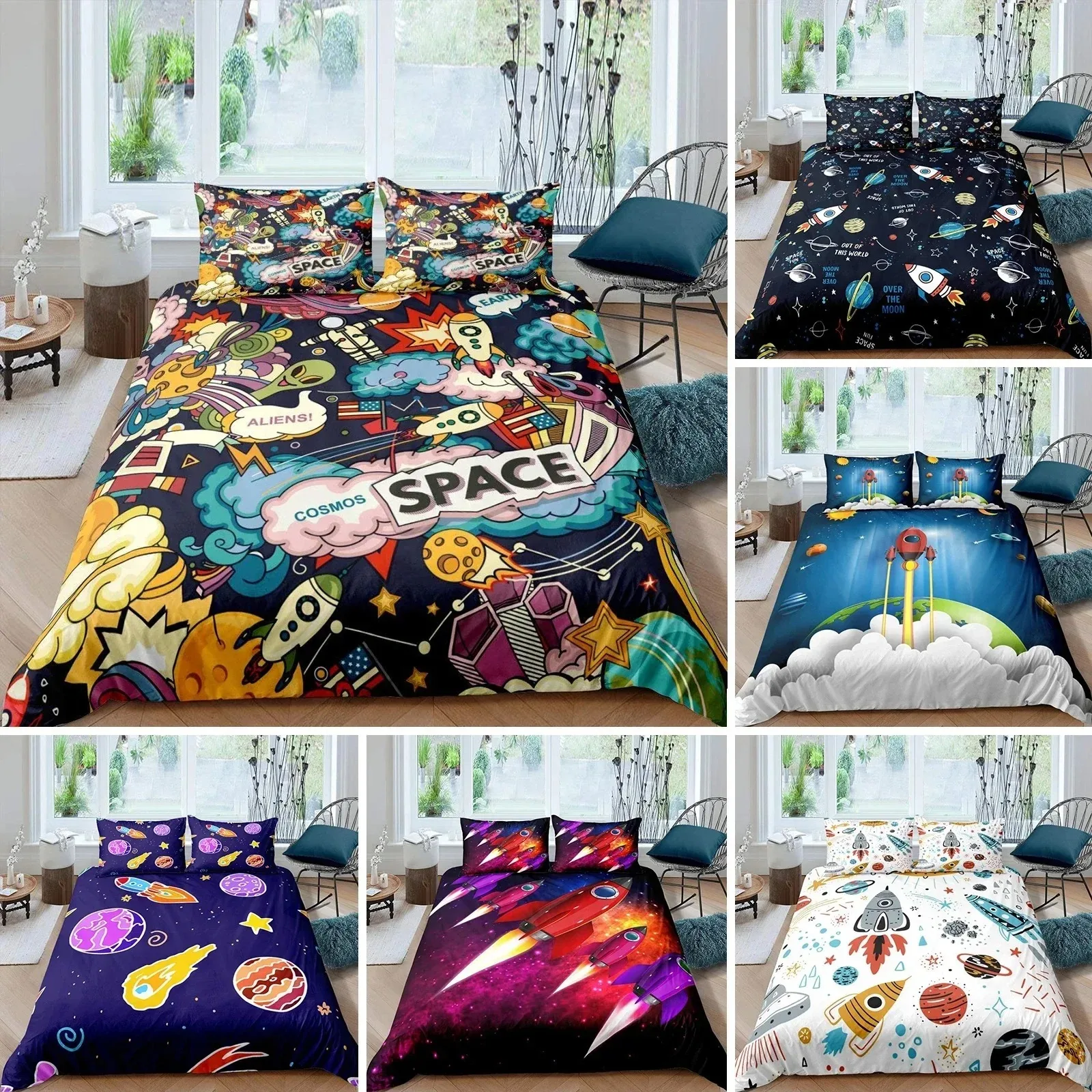 Rocket Duvet Cover Set King Size Spaceship Bedding Set Twin Microfiber Outer Space Galaxy Stars Planet Cartoon Style Quilt Cover