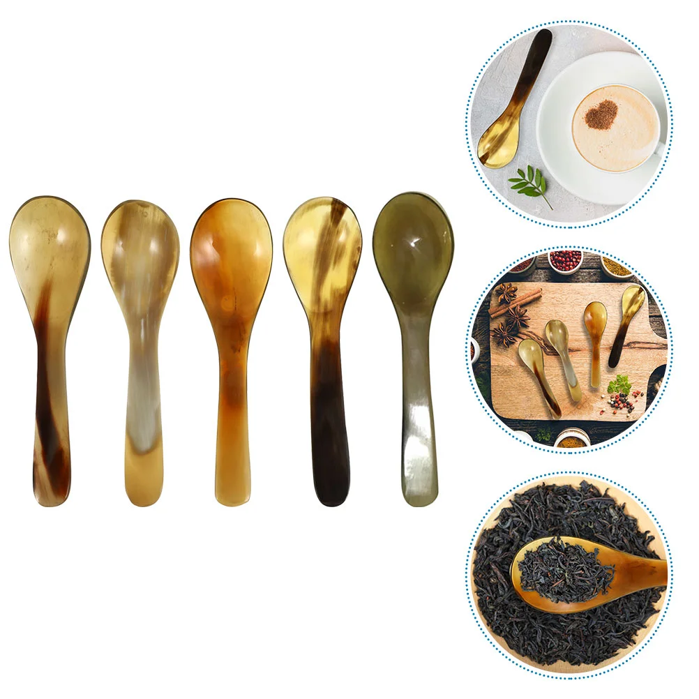 5 Pcs Natural Horn Coffee Scoop Ice Cream (set 5) Spoon Ramen Serving Spoons with Stand Blue Dessert Small