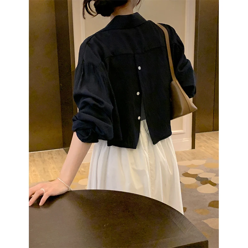 MEXZT Cropped White Split Shirts Women Elegant Long Sleeve Blouses Office Ladies Korean Fashion Solid Slit Casual Chic Tops New