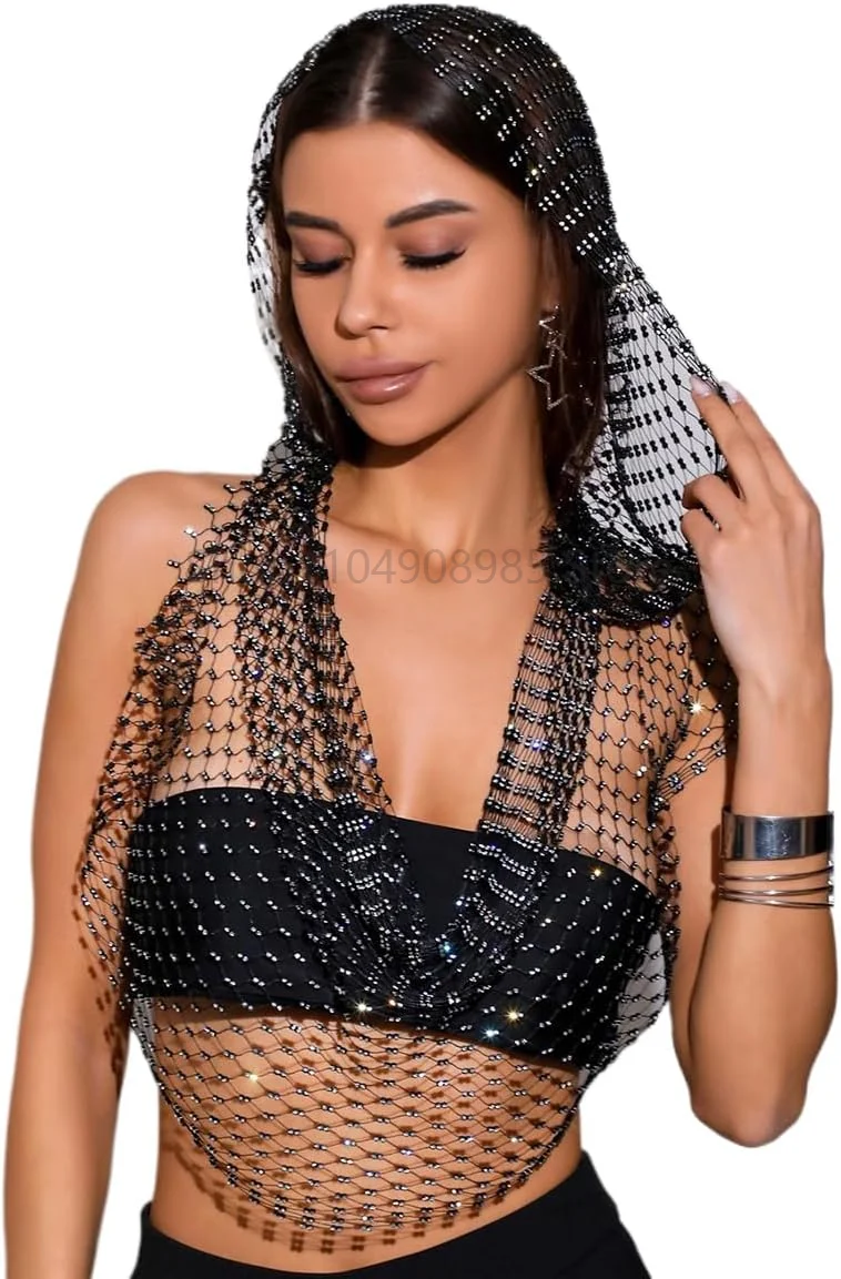 

Sexy Deep V Neck Backless Camisole For Women Shiny Rhinestone Hollow See Through Fishnet Hooded Tank Top Rave Festival Crop Tops
