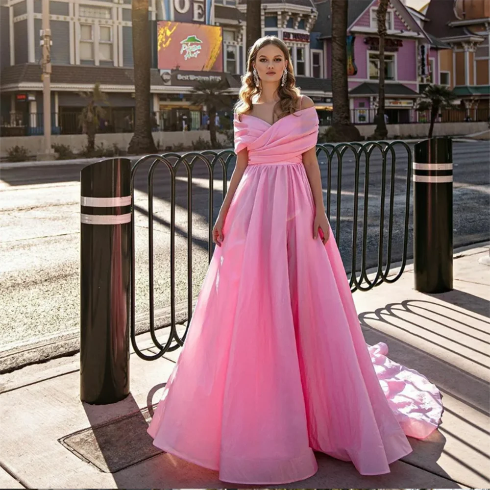 

Classic Simple Pink Floor Length Formal Evenign Dress A-Line Off Shoulder Sleeveless Princess Robes De Soirée فساتين سهرات