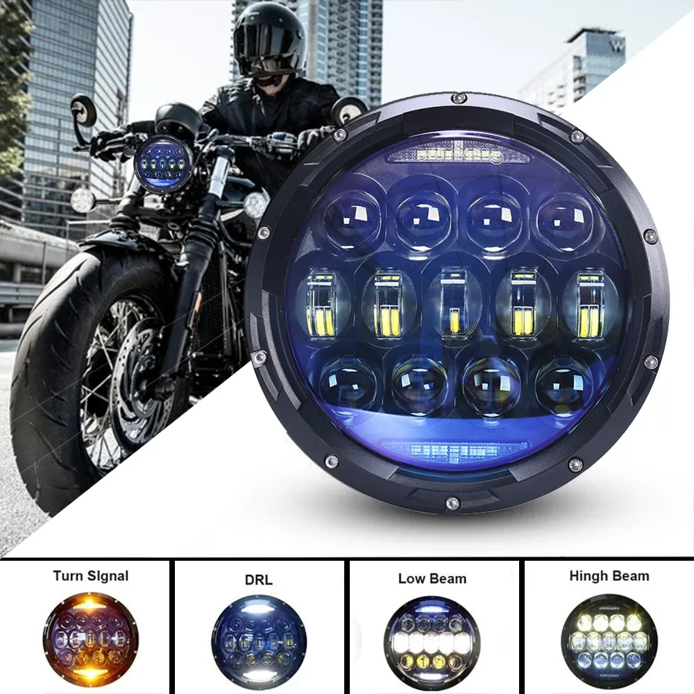 130W 7Inch Round LED Headlights Blue Lens with DRL Angel Eye Turn Signal Led Motorcycle Headlamp For Harley Softail Slim Fat Boy