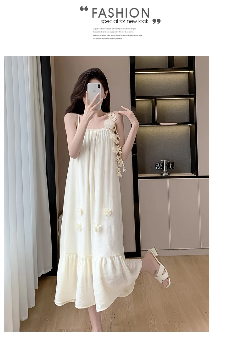 Summer Three-dimensional Flowers Embroidery Loose A-line Halter Dress Women Sleeveless Knee-length Beach Dresses Female