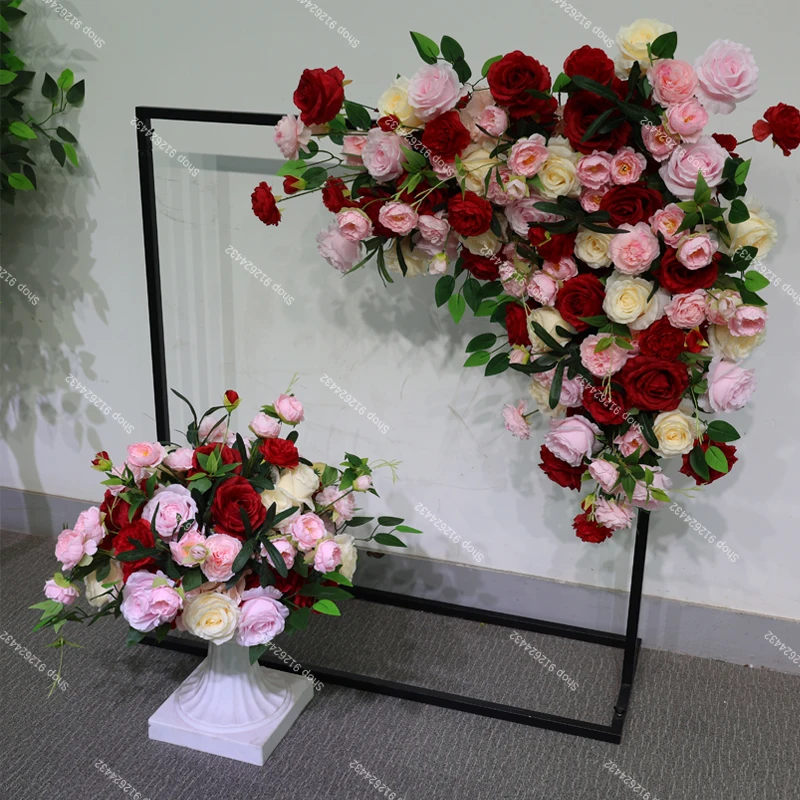 

Red Roses Greenery Flower Row Backdrop Arch Frame Flower Ball Banquet Aisle Floral Arrangement Window Wedding Decor Display