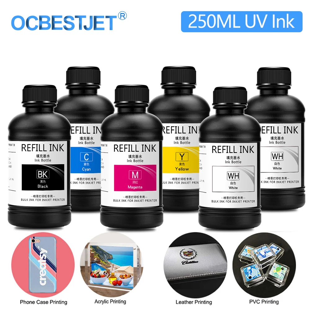 6x250ml LED UV Curing Ink For Epson XP600 TX800 TX-800 XP-600 DX5 DX7 DX10 L800 L805 L1800 R290 1390 1400 1410 Printer