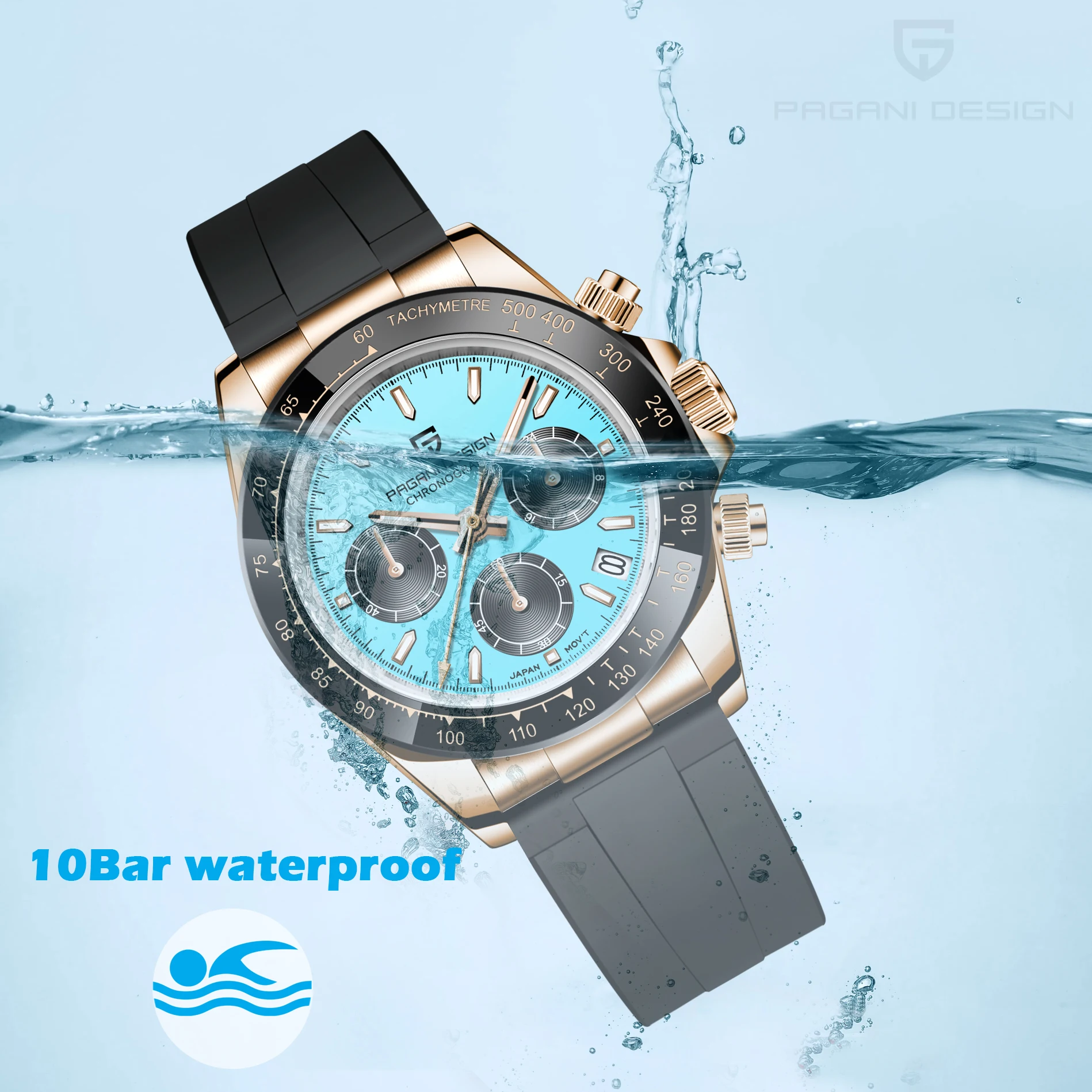 PAGANI DESIGN Reloj de cuarzo de estilo deportivo luminoso resistente al agua esfera azul de oro rosa regalo de Festival de moda reloj para hombre + caja