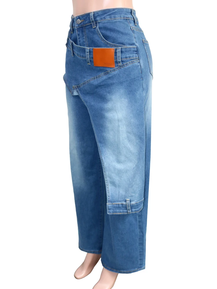 JENYAGE Damen Trendige Einzigartige Asymmetrische Wickel-Jeans mit Hoher Taille und Weitem Bein, Dekorative Riemen, Streetwear Baggy Hosen – Detail 9