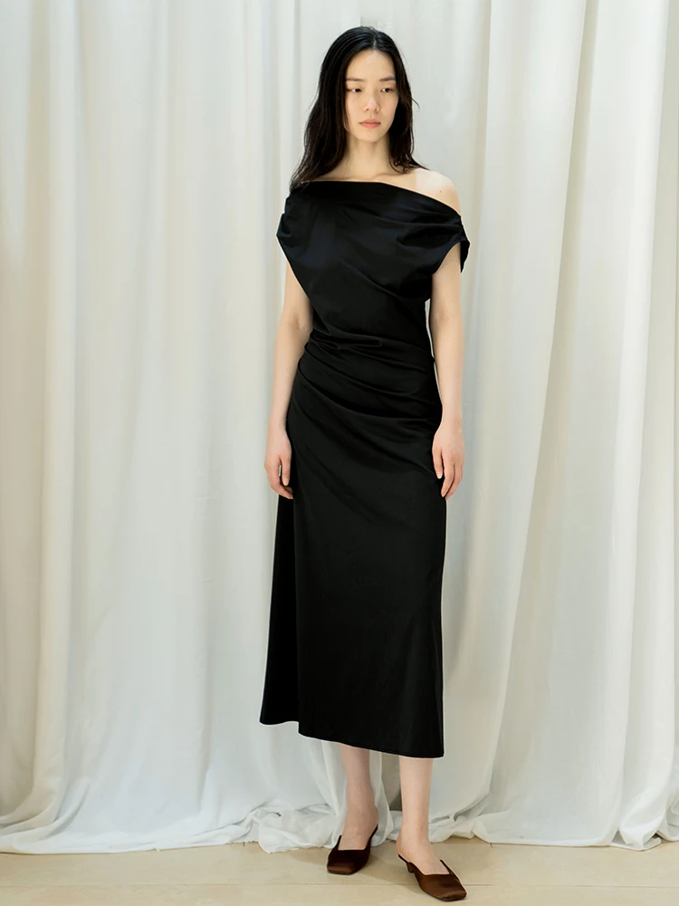 

Lumbinib Slimming Waist oulder Bared Pleated Long Dr Classic Simple Elegance Autumn Bla Dr Commute Sle Midi Dr