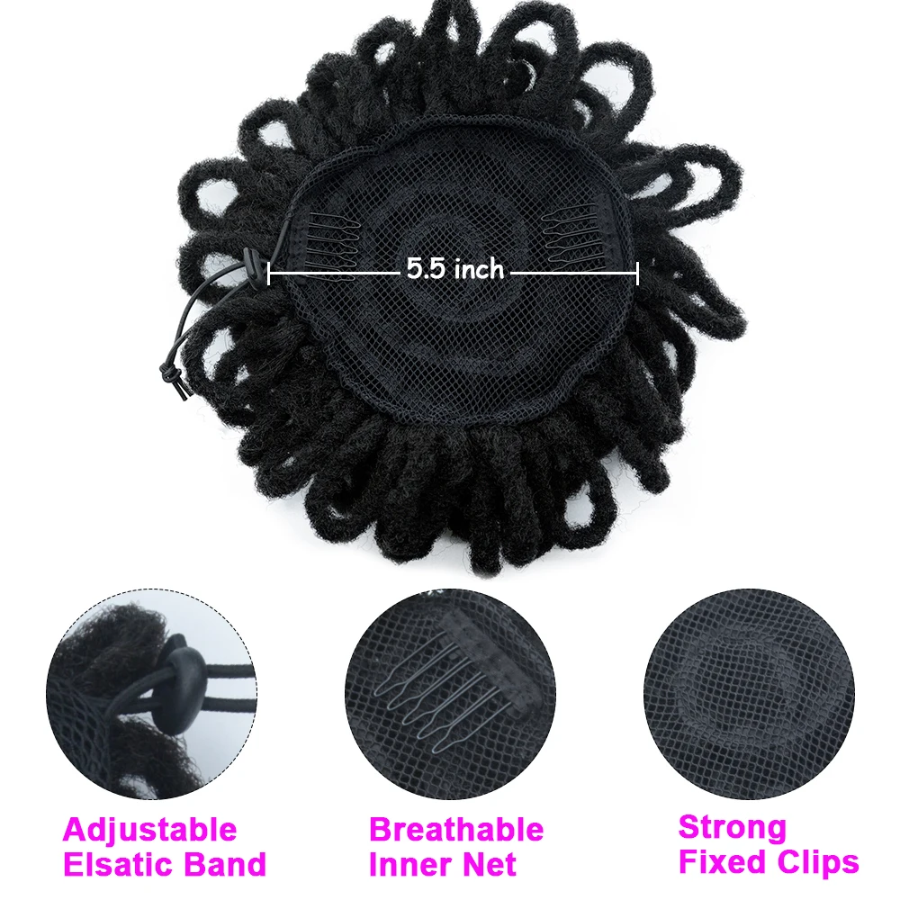 Synthetic Nu Locs Drawstring Ponytail Short Afro Curl Chignon Buns Hair Puff Faux Locs Dreadlocks Ponytail For Black Women