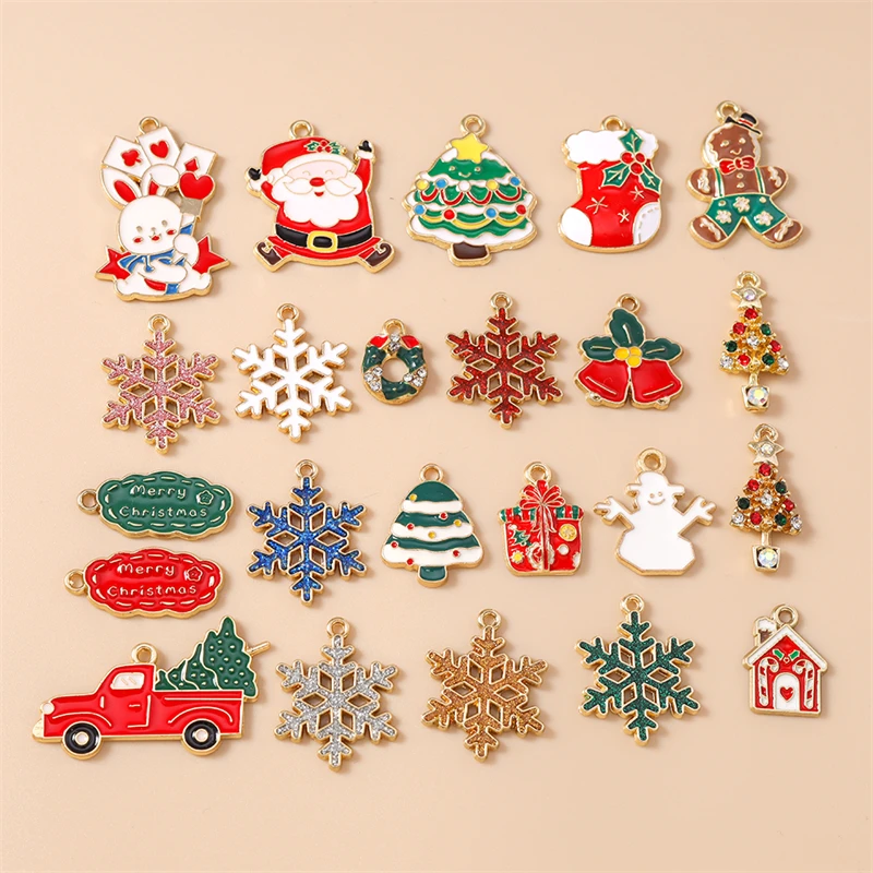 20 pçs mix bonito esmalte natal floco de neve árvore sino encantos pingentes para fazer jóias colares brincos diy artesanato acessórios