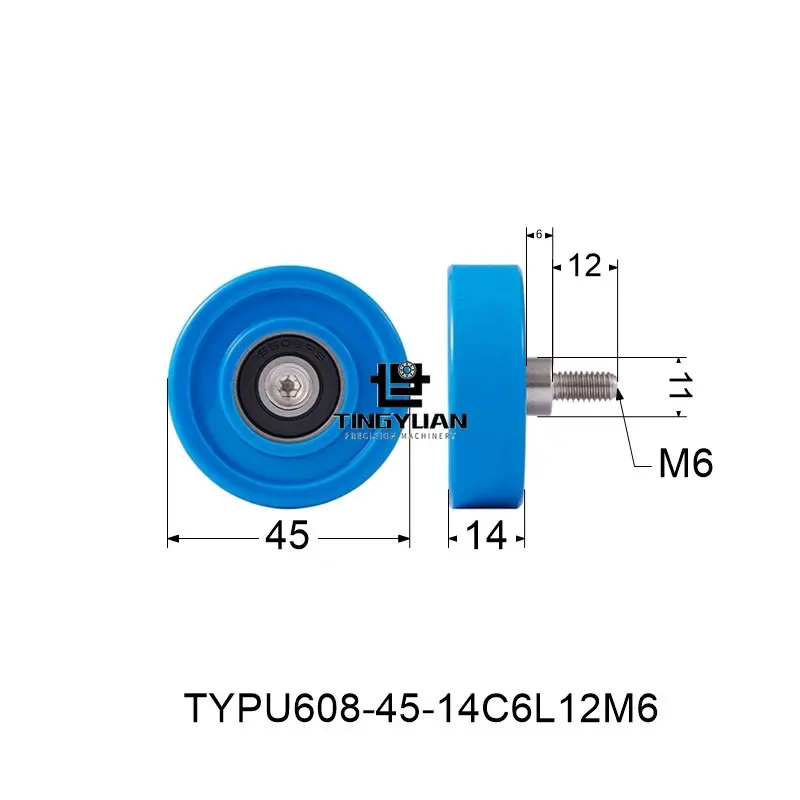 Polyurethane Roller TYPU608-45-14mm  Flat Type ID8 OD45 TPU 1pcs  Blue Wheel Roller Pulley With 304 Screws  Guide Wheel