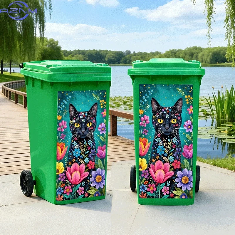 [2D Flat Printing]1pc Trash Can Sticker[Title Translated, Do Not Change] Black Cat Flower Theme Design Wall Sticker Self-Adhes