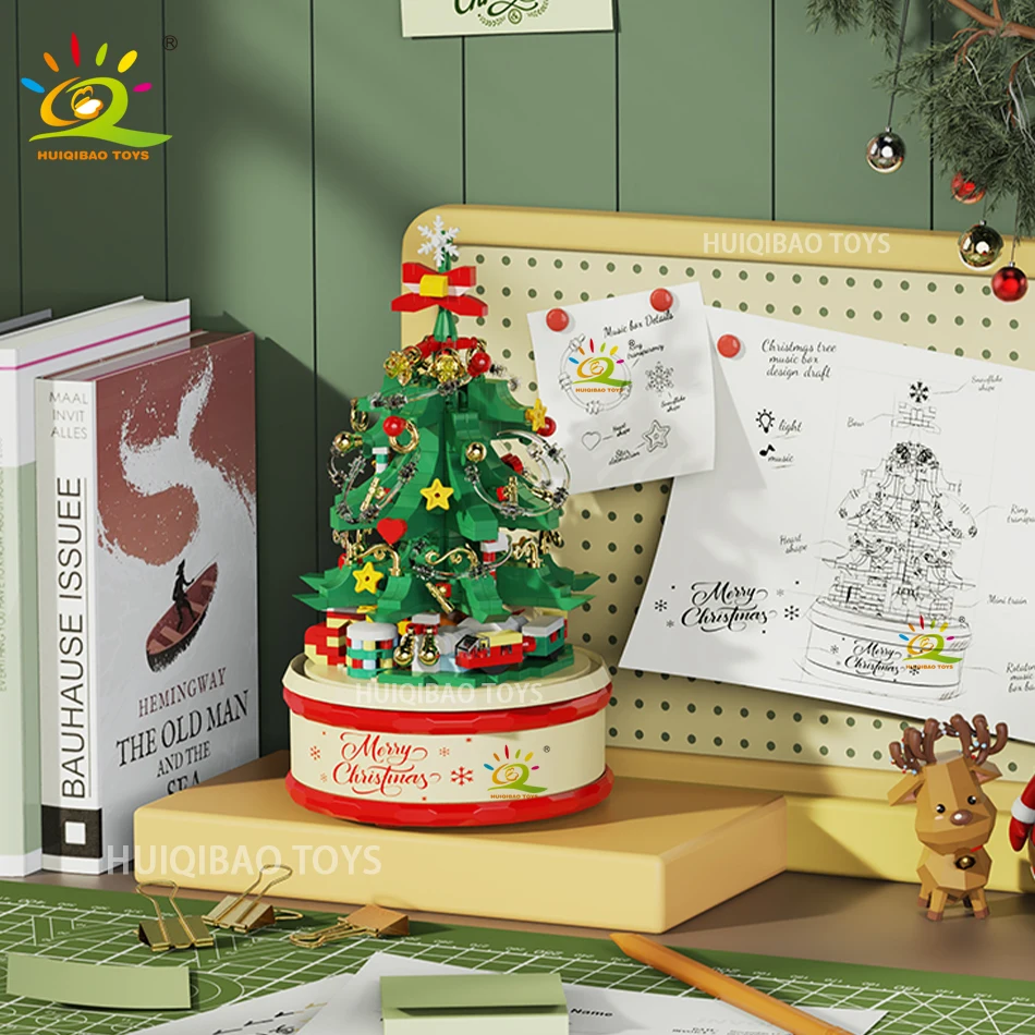 HUIQIBAO enfants arbre de noël père noël Mini boîte à musique modèle Micro briques bloc de construction briques à monter soi-même jouets pour cadeau adulte