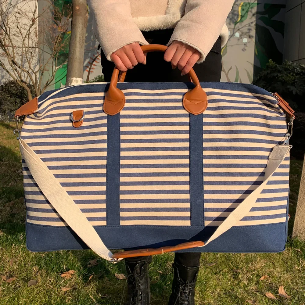 Stripes Canvas Duffle Bags Women Large Capacity Weekender Overnight Bag Female Fashion Vintage Guitar Strap Travel Luggage Bag