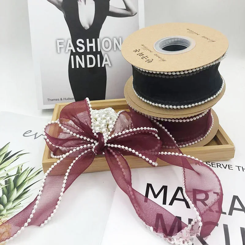 

4cm Net Red Hot Selling Pearl Fishtail Yarn Artificial Flowers Bouquet Packaging Ribbon Korean Curly Yarn with Ribbon Faux Flowe