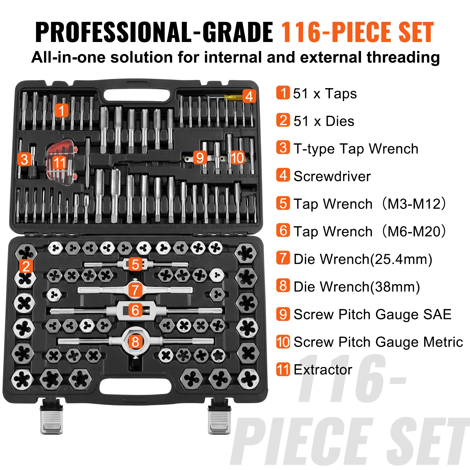 VEVOR 116-Piece Tap and Die Set Include Metric and SAE Size Bearing Steel Taps and Dies Essential Threading Tool