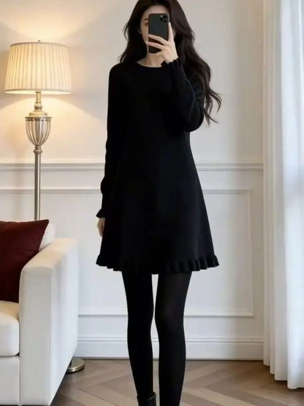 

Женское трикотажное платье больших размеров с высокой талией, скрывающее живот, из смесового хлопка, А-силуэт, зимнее