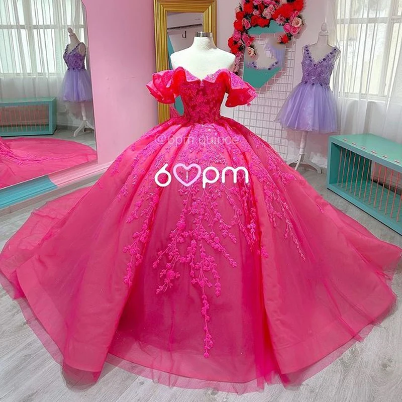 

Pink Shiny Off The Shoulder Ball Gown Beaded Appliques Sequined Quinceanera Dresses Princess Sweet 16 Vestidos De 15 Anos Robe