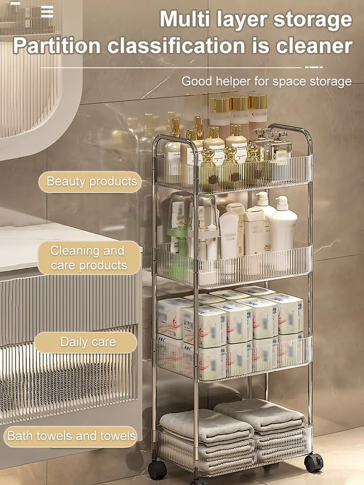 2/3 Tiers Rolling Cart Storage Shelf Transparent Acrylic Trolley Mobile Shelf with Wheel Multi-Layers Storage Rack