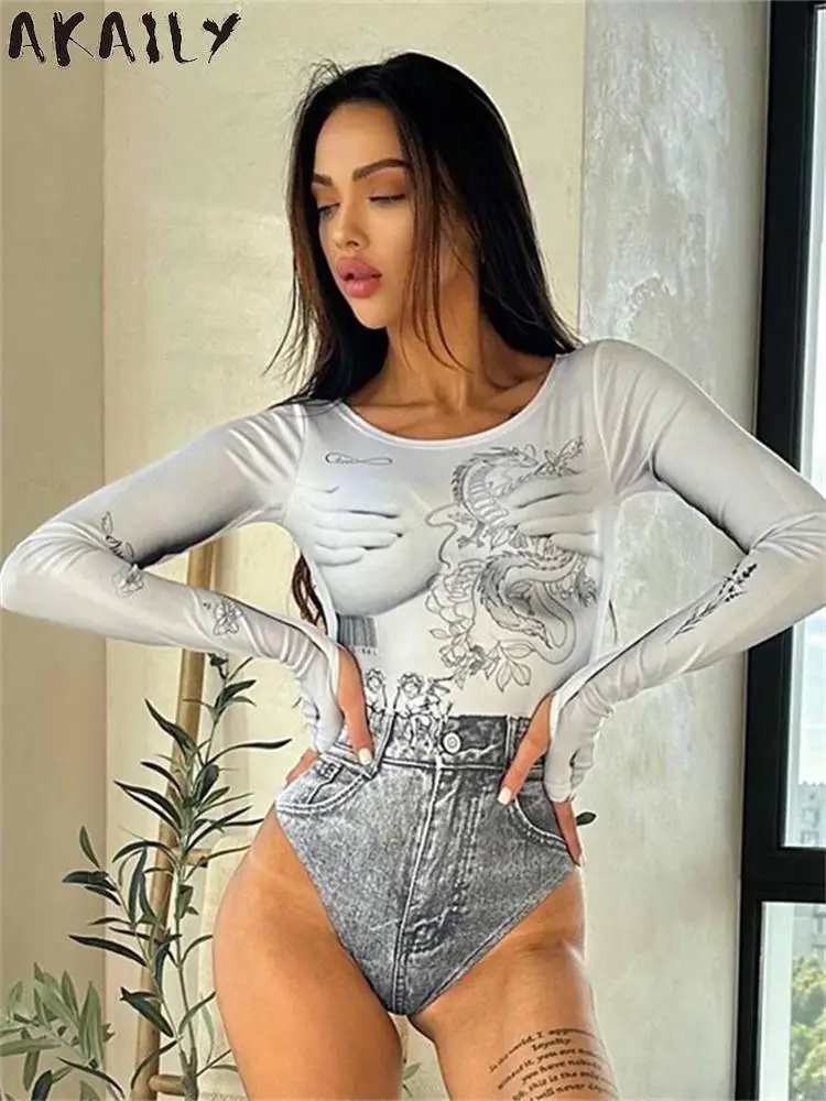 Akaily Sexy Gray Denim Print Bodysuit Party Club Outfit For Women 2023 Fall Winter Long Sleeve Body Tops Street Graphic Bodysuit