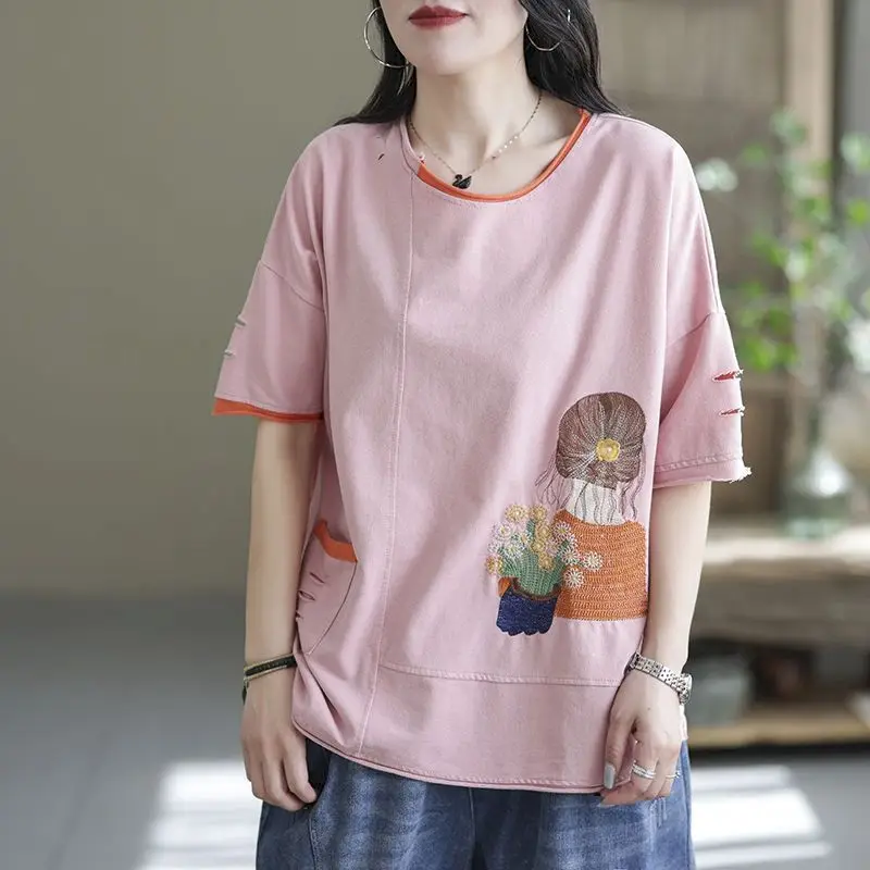 Cotton Short-sleeved T-shirt Women\'s 2025 Summer New Korean Style Stitching T-shirt Round Neck Loose Contrast Color Tops Women