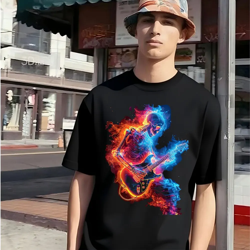 Esqueleto tocando la guitarra Rock Star trituración guitarra camiseta Unisex 90s Vintage hombres mujeres Tops de algodón de alta calidad