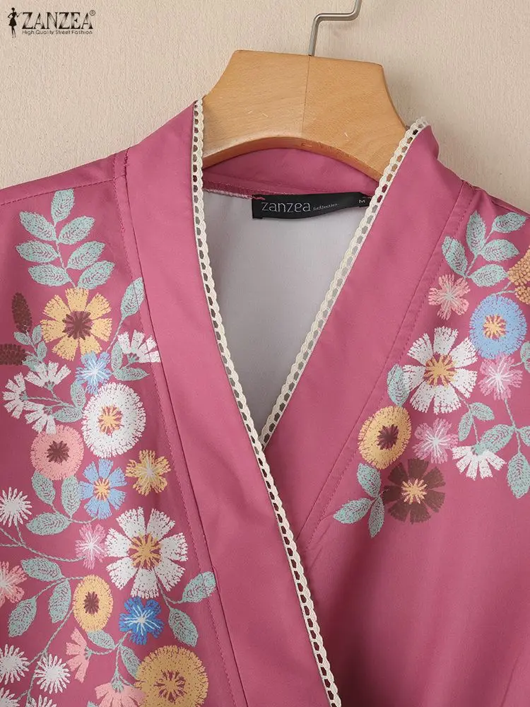 ZANZEA Casual Floral Print Lace Trim Women Blouses 2025 Summer Wrapped V-Neck Short Sleeve Lace-Up Front Blouse for Woman S-3XL