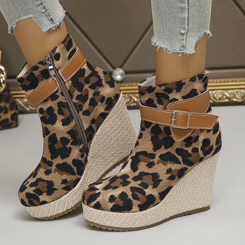 Design New Leopard Print High Heels 10cm Women's Shoes Chunky Wedges Heels Anti-slip Breathable Boots Ladies Pumps Western Boots