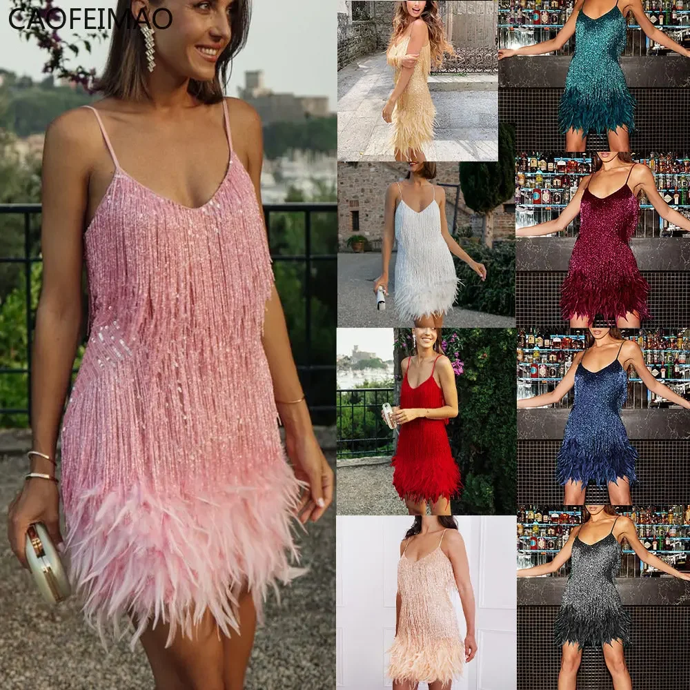 

2025 New Sexy Tassel Sequins Feather Mini Dress Women Spaghetti Strap Stitching Dresses Female Elegant Evening Party Club Dress