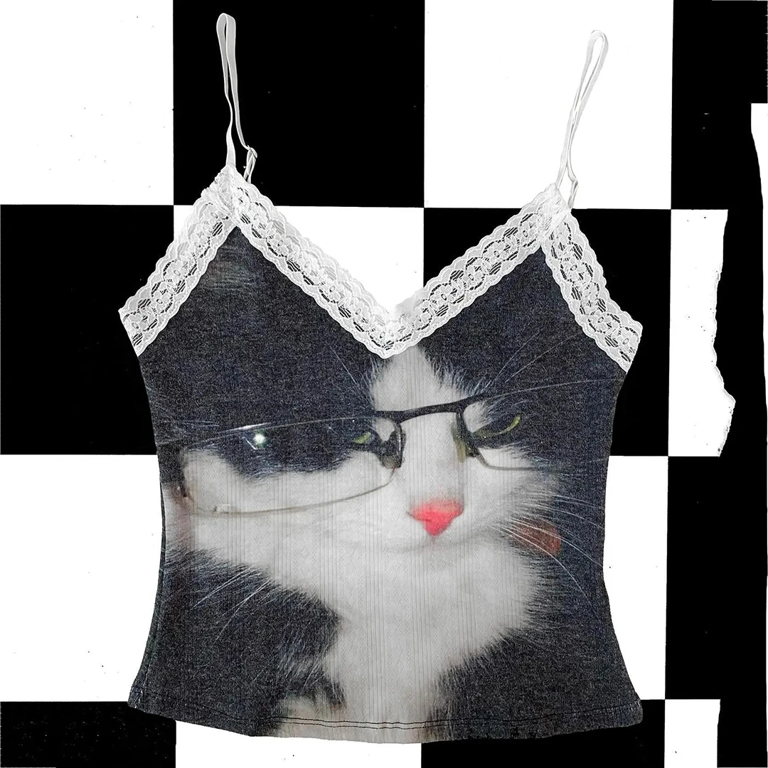 Ladies' Black Cat Lace Border Top Y2K Independent Style Cute Glasses Cat Pattern Slim Shoulder Strap Sleeveless Vest