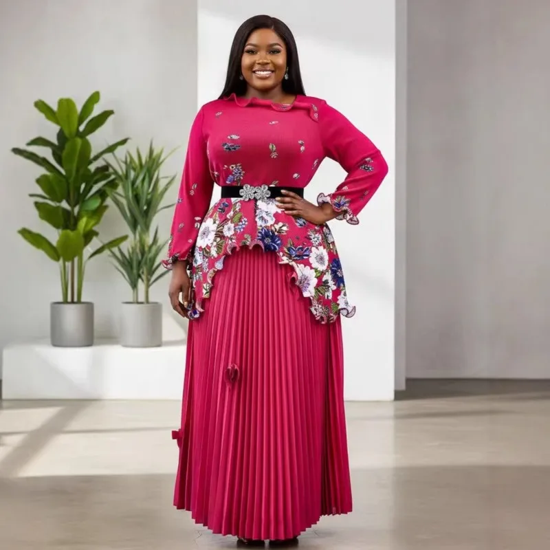 

Европейский костюм больших размеров Miyake, женский топ с длинными рукавами и принтом, простая повседневная эластичная плиссированная юбка, свободные африканские платья для выпускного вечера