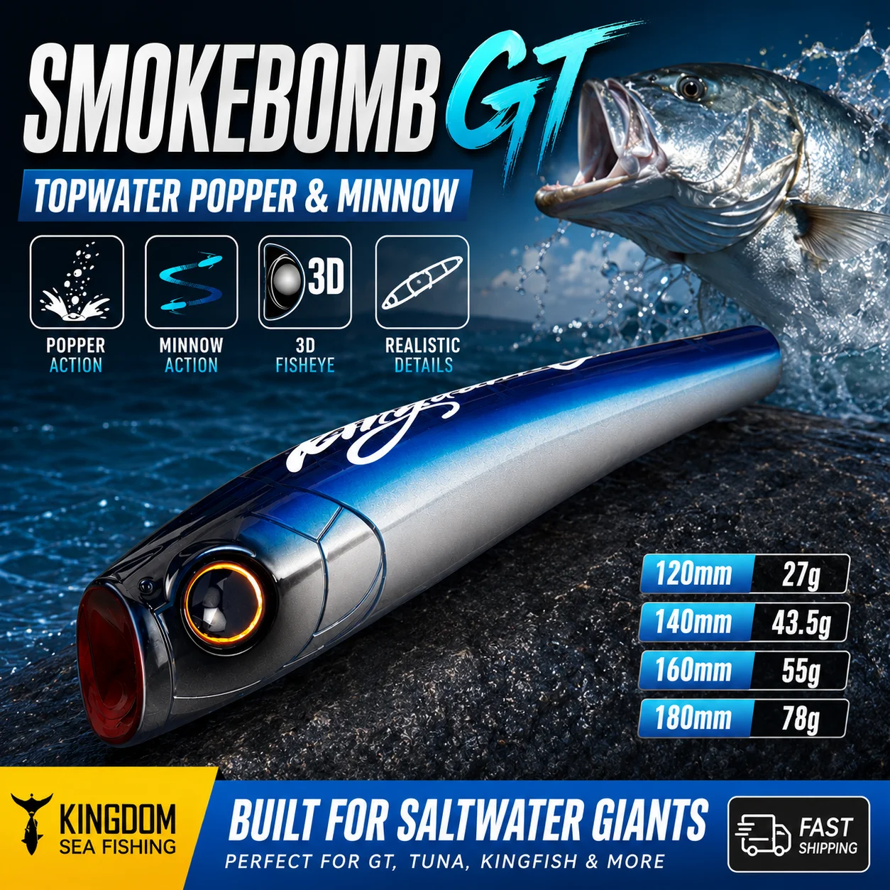 Kingdom Sea Topwater Popper Köder 120mm/27g 140mm/43.5g 160mm/55g 180mm/78g Schwimmender Wobbler Hartköder für Thunfisch- und GT-Angeln