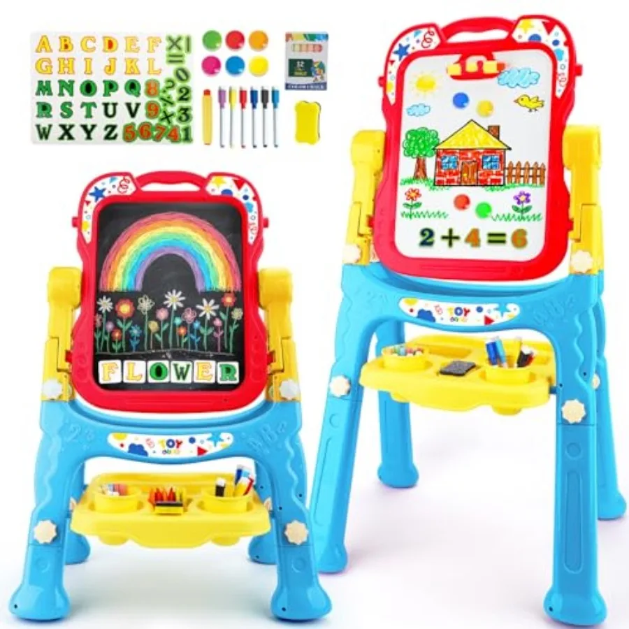 

Большой художественный мольберт 4-в-1 для малышей с двусторонней доской: вращающаяся магнитная меловая доска и белая доска для рисования, регулируемая по высоте