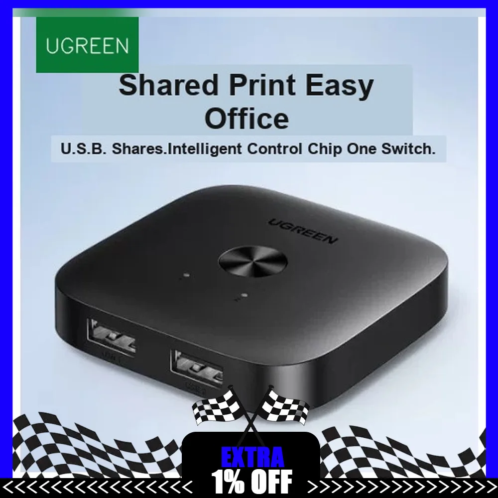 UGREEN 25162 USB Printer Sharing Switch 2 In 1 Out Bidirectional USB Switch for Two Computers