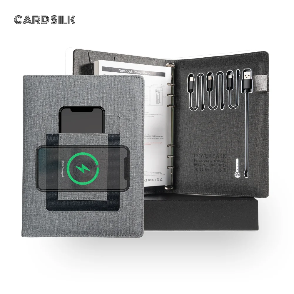 

Gift for Travel or Graduation – 6-Ring Wireless Charging Notebook with Card Holder for Office or School Use